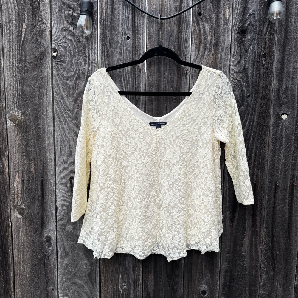 American Eagle Cream Colored Lace Swing Top with Sheer 3/4 sleeves medium
